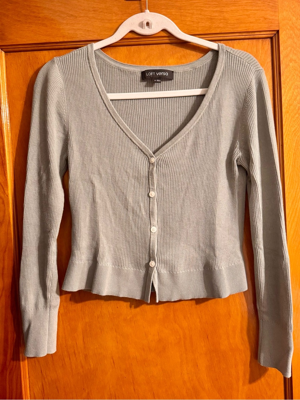 The Loft Versa Ribbed V-Neck Button Cardigan in Sage green, Size Medium